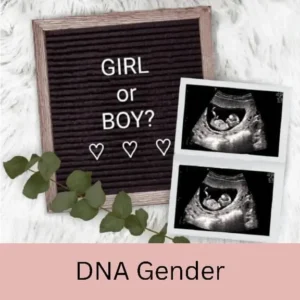 2D Ultrasound photos of baby in early pregnancy next to a sign with text that reads "GIRL or BOY? DNA Gender"