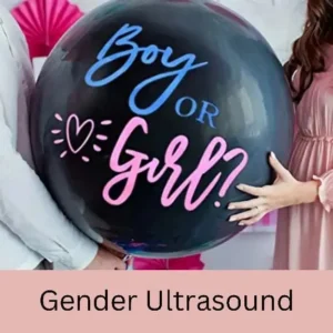 Pregnant woman and expectant father holding gender reveal balloon with text that reads "Boy or Girl? Gender Ultrasound"